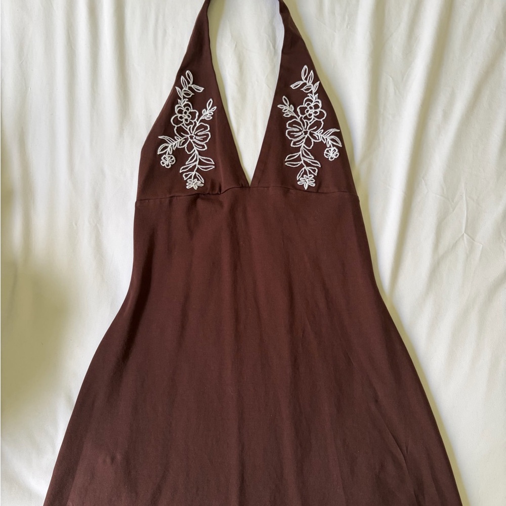 PacSun Brown Halter Dress with White Floral Embroidery